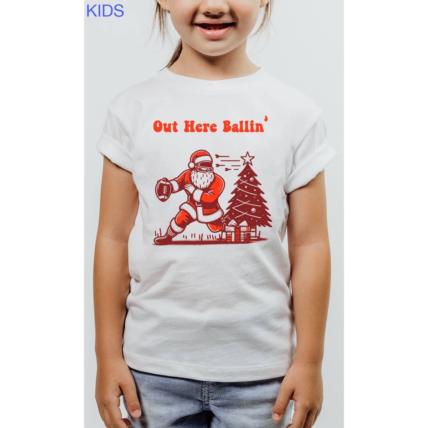 Out Here Ballin Football Santa Kids Graphic Tee-OS
