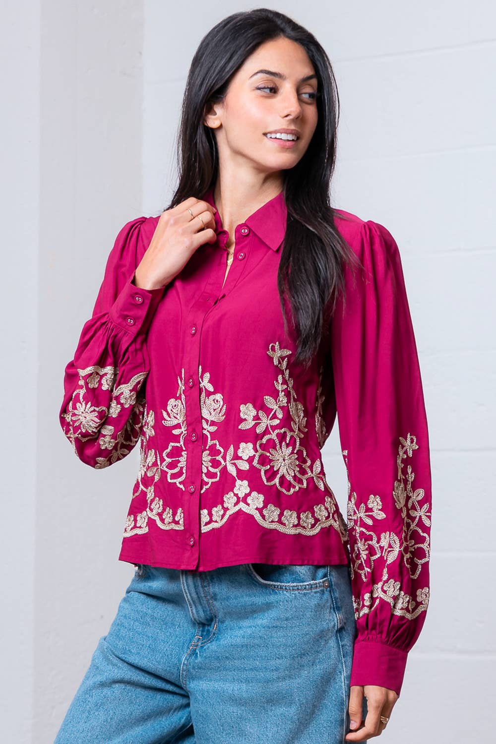 Long Sleeve Flower Embroided Button Shirt