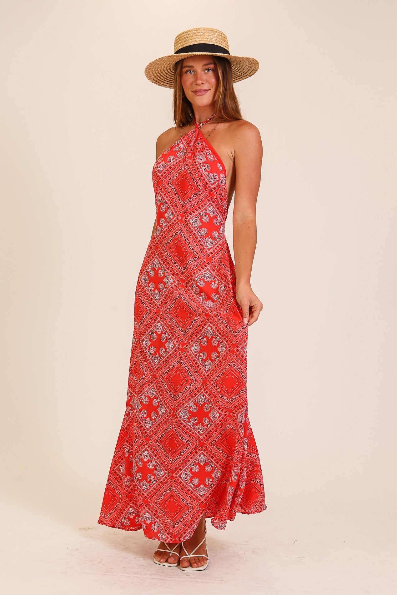 Bandana Print Halter Maxi Dress