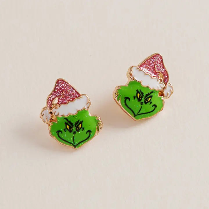 Glitter Christmas Green Monster Face Post Earrings- OS