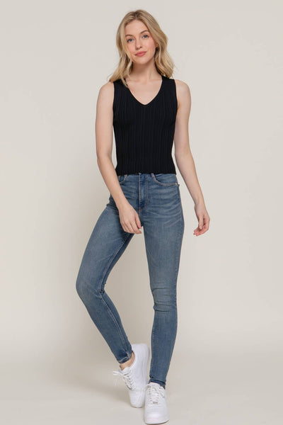 Sleeveless V-neck Variegated Rib Sweater