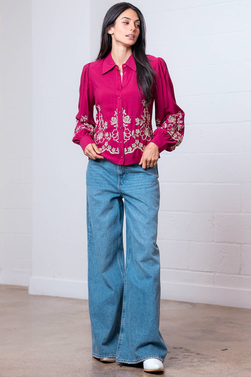 Long Sleeve Flower Embroided Button Shirt - OS