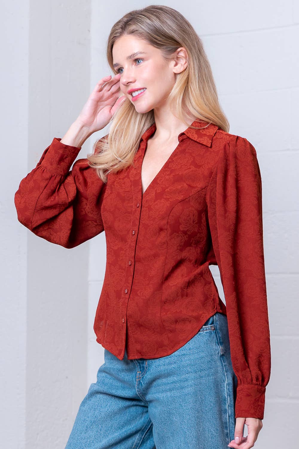 Rust Long Sleeve Button Down Collared Blouse