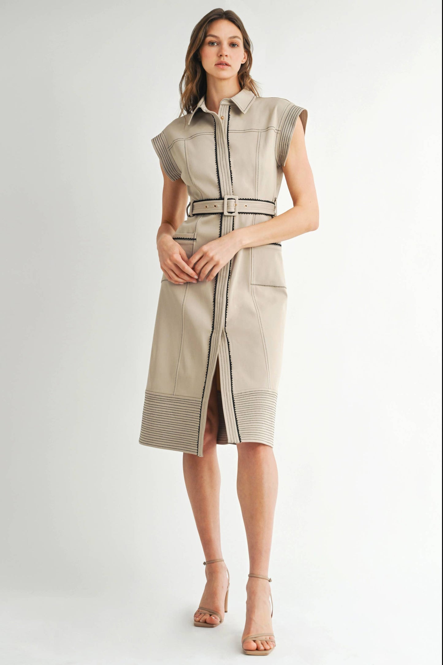 Collared Black Accent Midi Dress with Belt