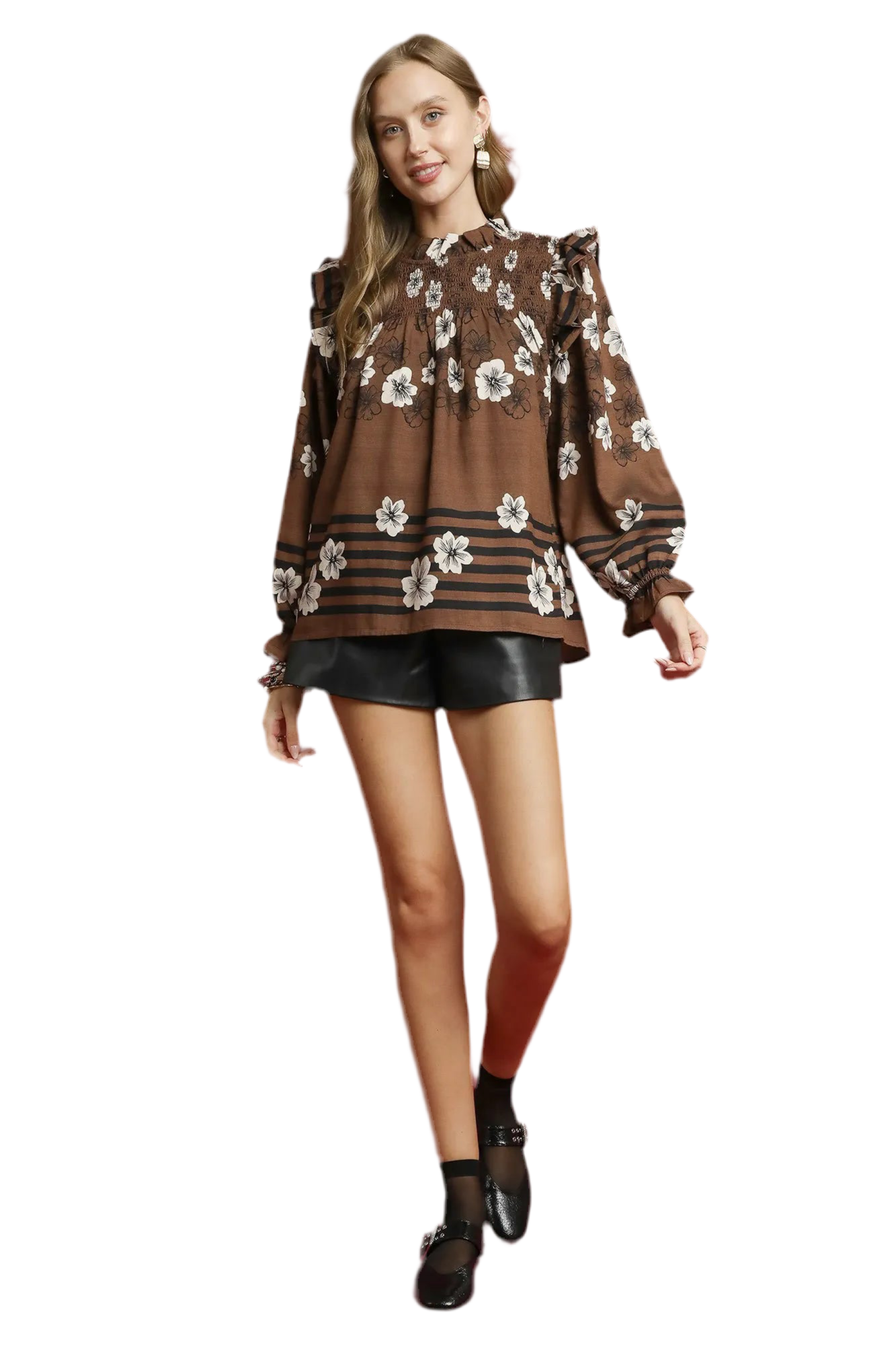 Umgee Mix Floral Smocked Ruffle Blouse
