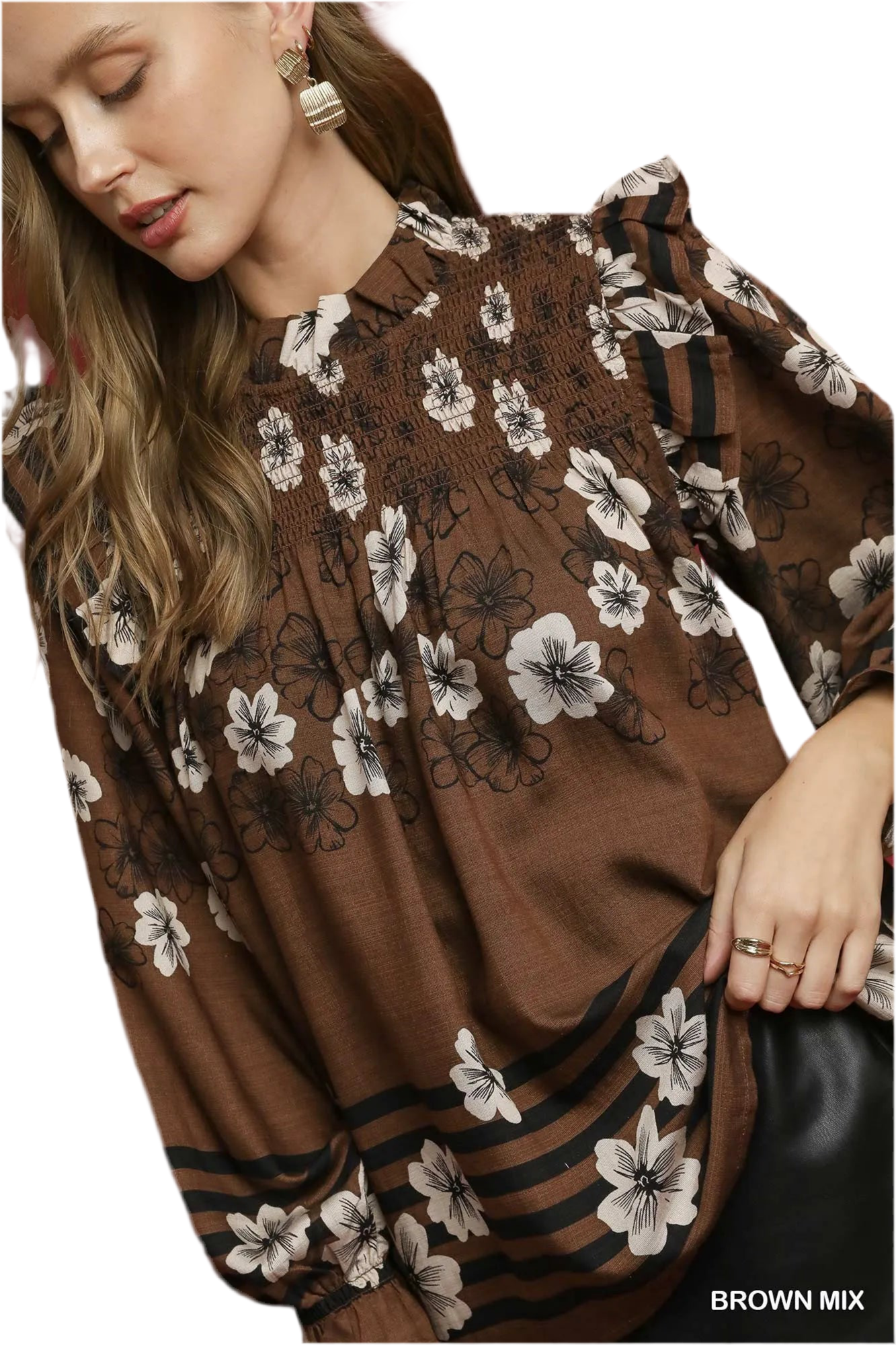 Umgee Mix Floral Smocked Ruffle Blouse- WH