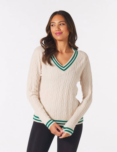 Cable Knit Sweater: Oat/Emerald