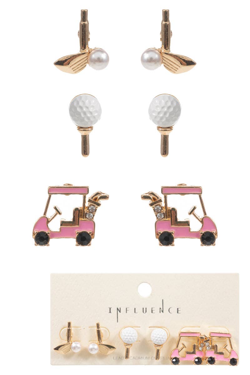 Gameday Golf Balls Cart Enamel 3 Set Post Earrings