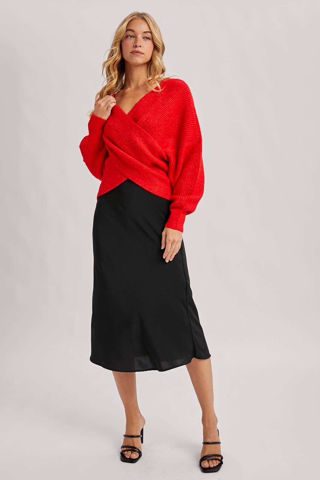 WRAP CROSSOVER RIBBED FUZZY KNIT SWEATER PULLOVER- OS