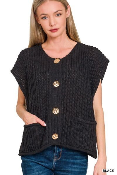 Button Down Sweater Vest with Front Pockets