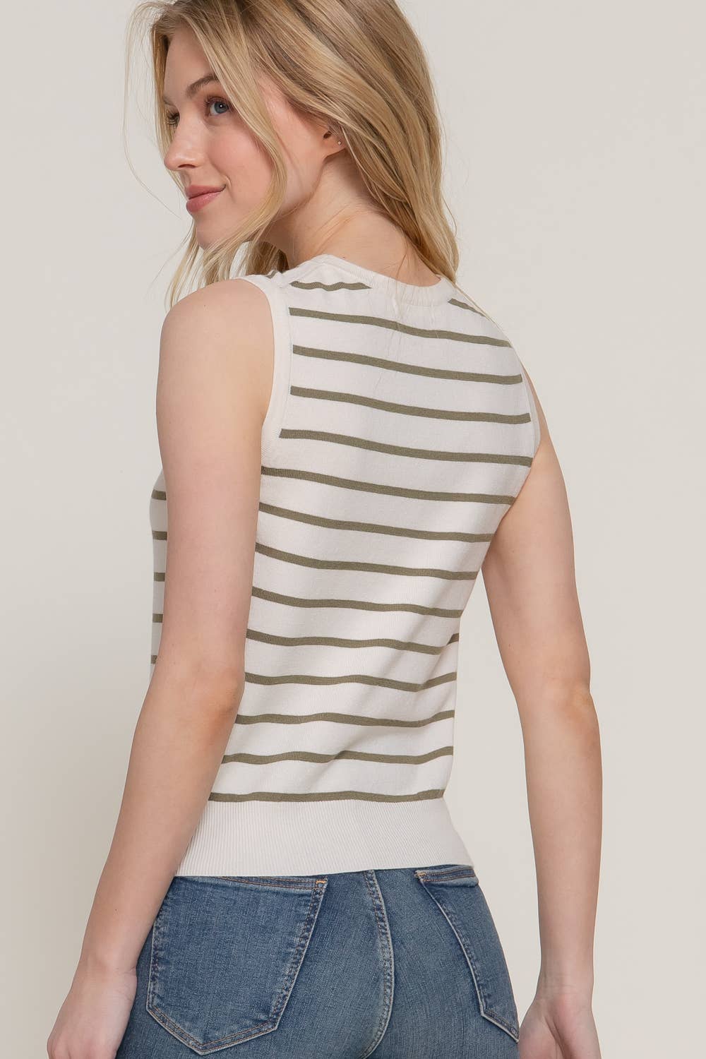 Sleeveless Round Neck Stripe Spring Sweater-OS
