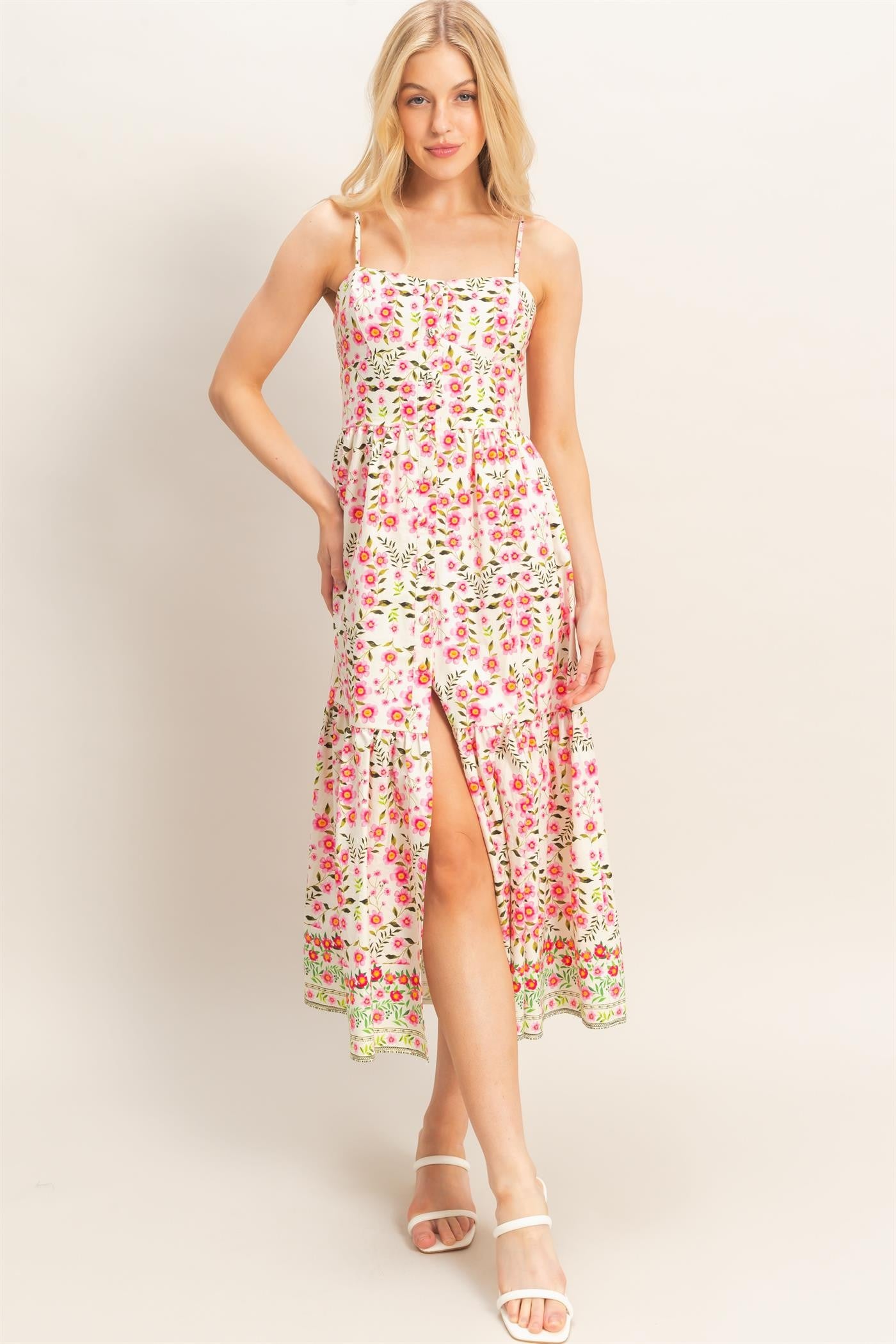 Pink Floral Spaghetti Strap Dress