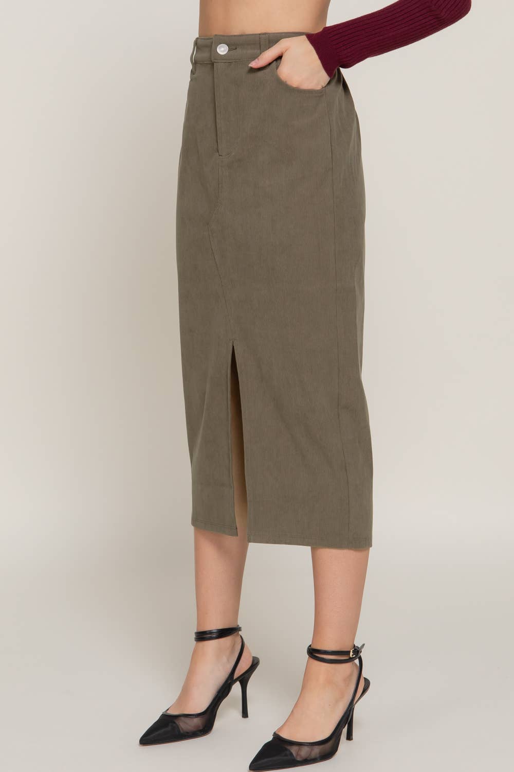 Waist Band Front Open Slit Corduroy Midi Skirt -OS