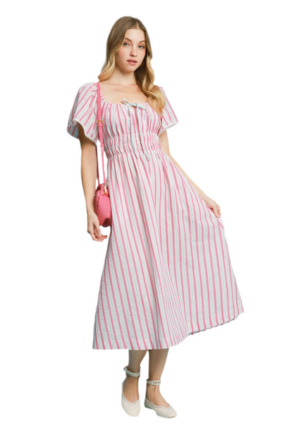 Umgee Smocked Striped Short Sleeve Midi Dress