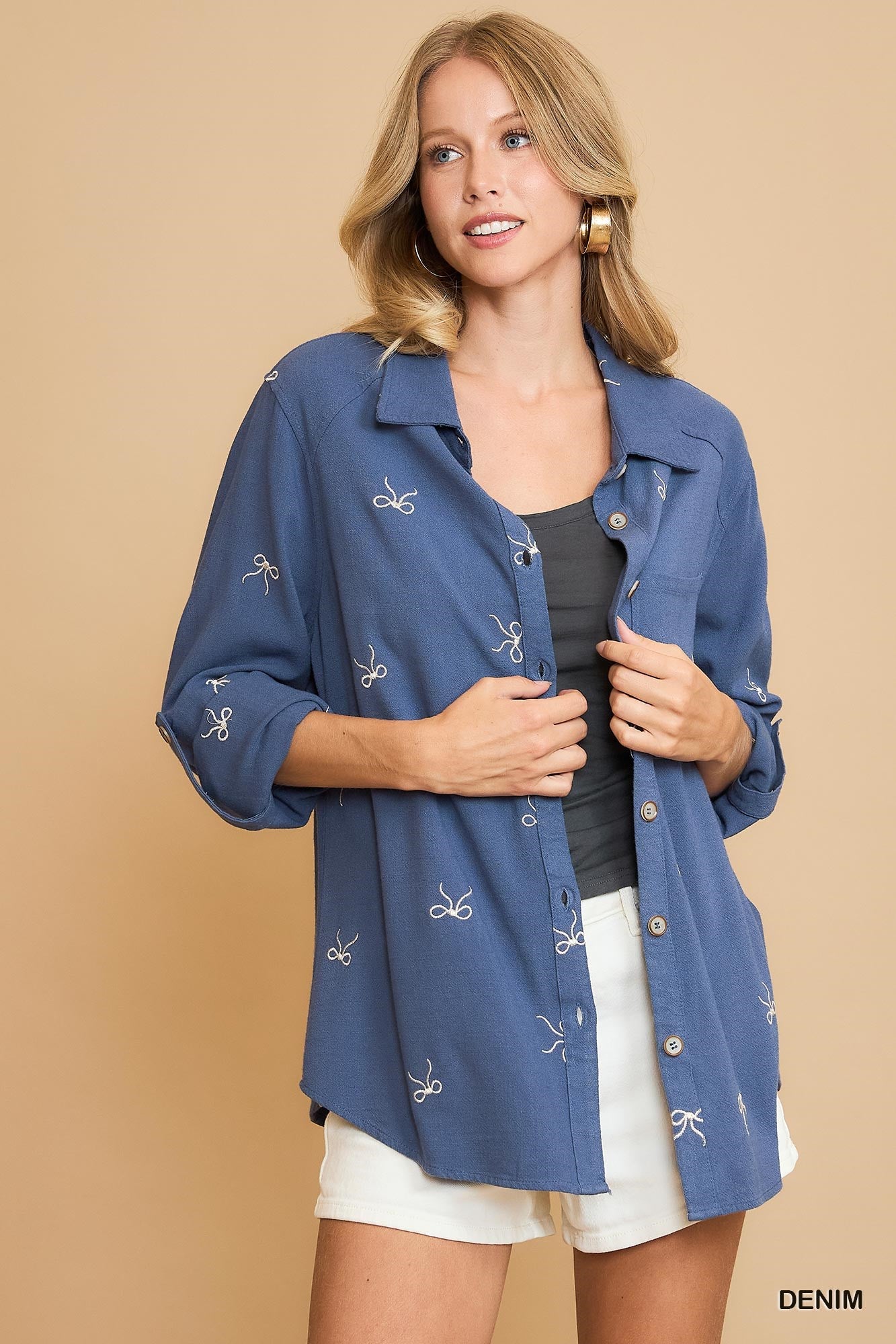 Linen Blend Fitted Shirt with Ribbon Embroidery Details