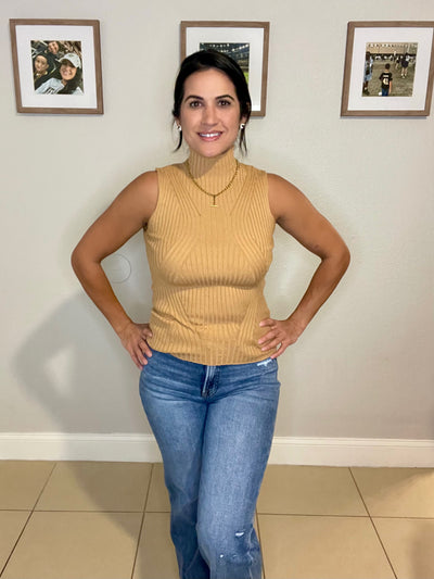 Sleeveless High Neck Rib Top-OS