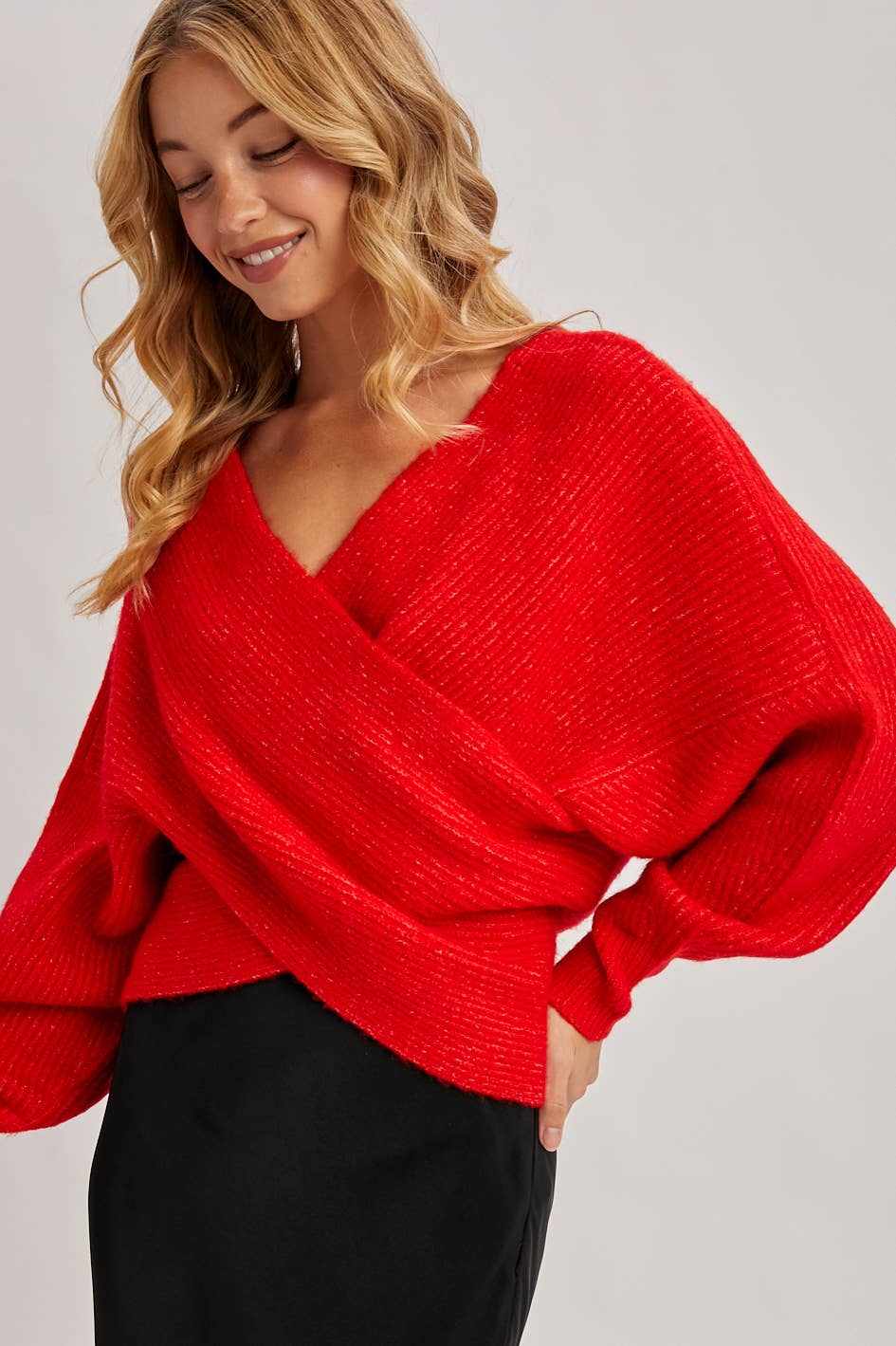 WRAP CROSSOVER RIBBED FUZZY KNIT SWEATER PULLOVER- OS