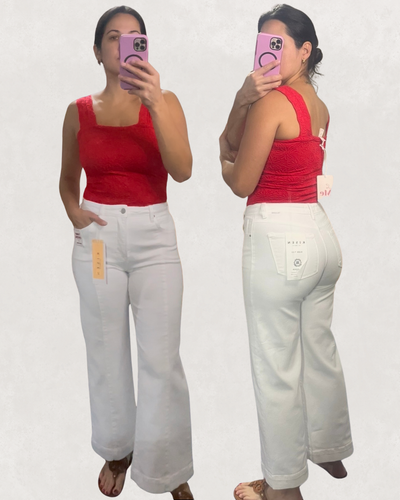 Tummy Control High Rise White Crop Wide Pants