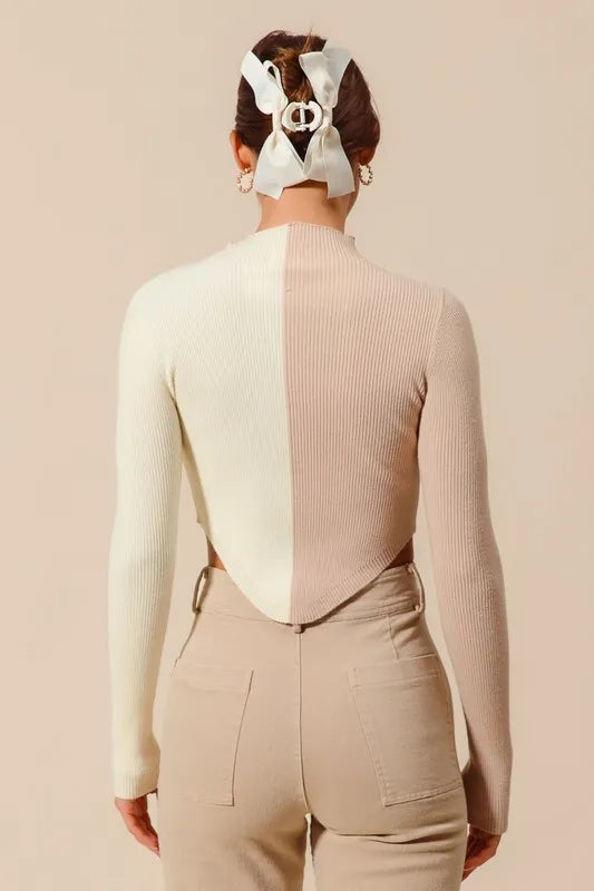 Color Block Fitted Crop Sweater Top