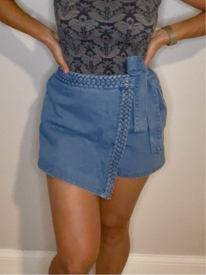 SO ME Wrap Braided Trimmed Denim Skort- WH