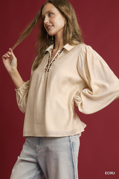 Long Sleeve Blouse with Leopard Print Trim