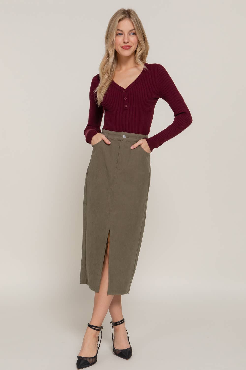 Waist Band Front Open Slit Corduroy Midi Skirt -OS