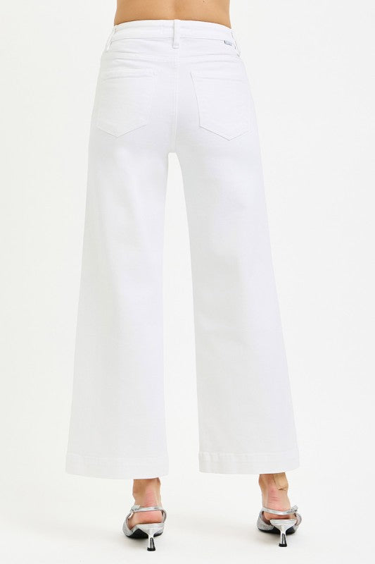 Tummy Control High Rise White Crop Wide Pants