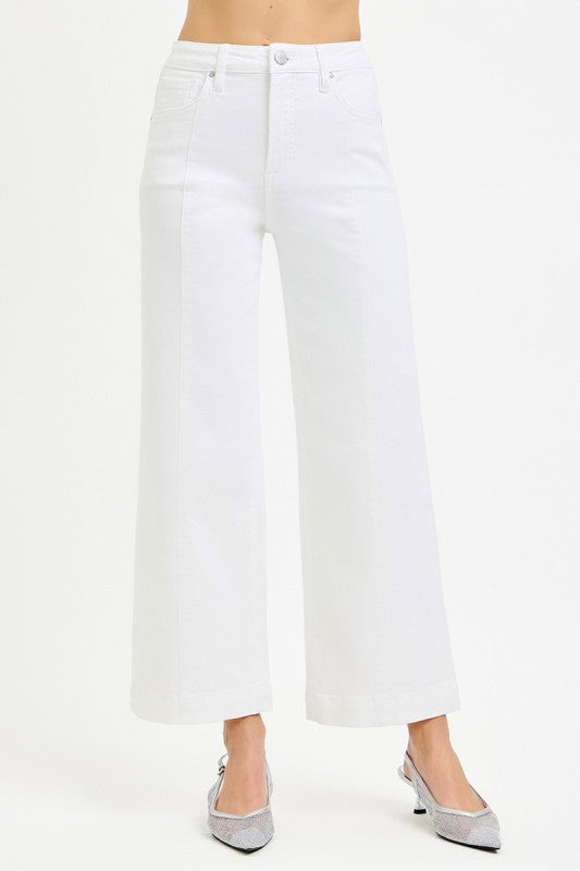 Tummy Control High Rise White Crop Wide Pants