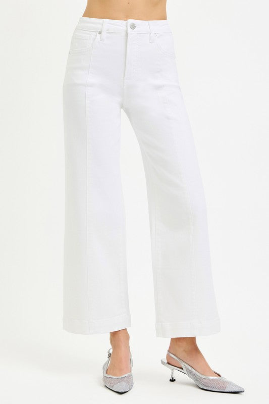 Tummy Control High Rise White Crop Wide Pants