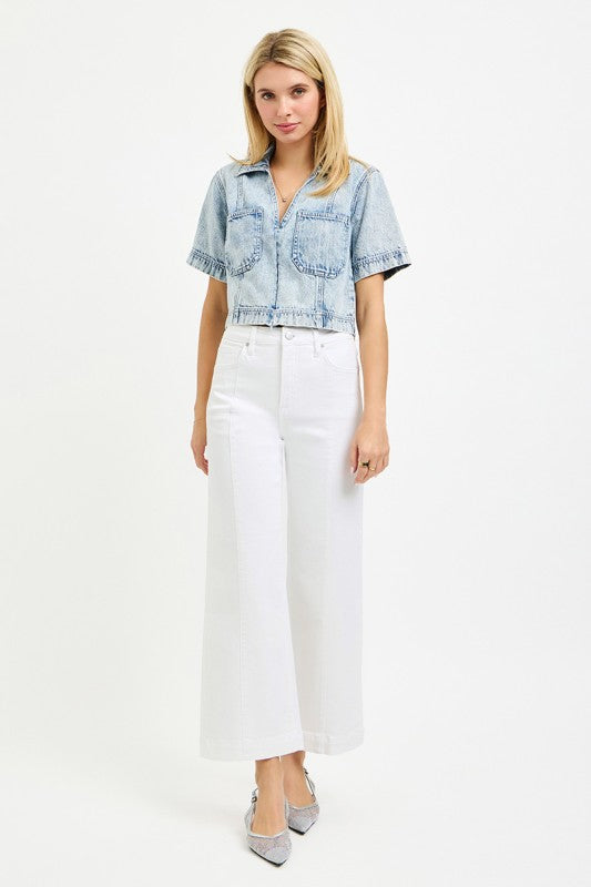Tummy Control High Rise White Crop Wide Pants