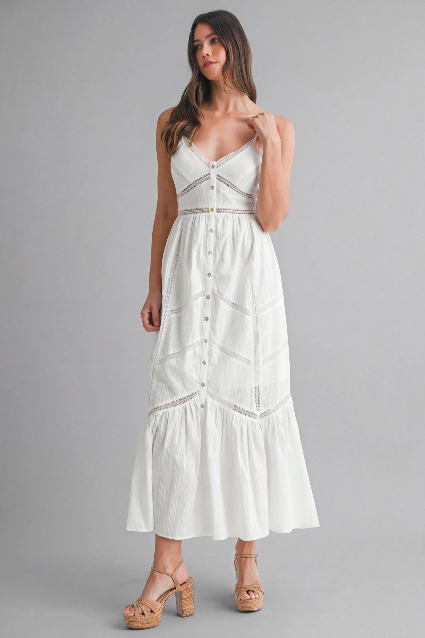White Lace Trim Midi Dress