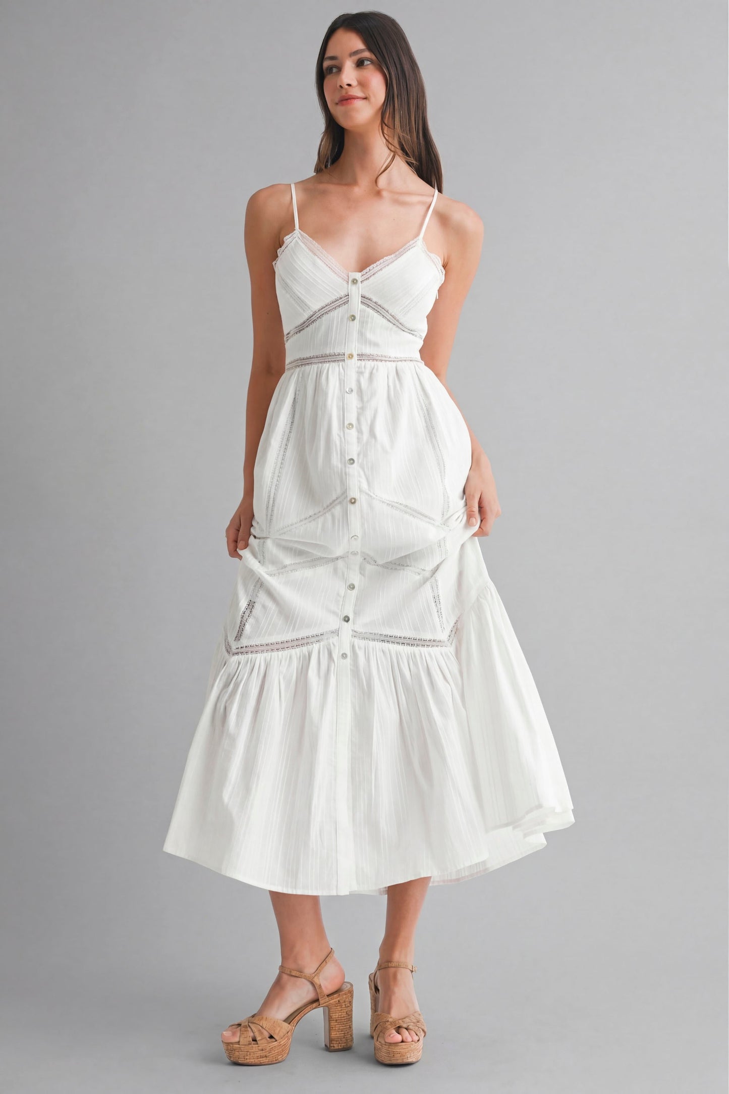 White Lace Trim Midi Dress