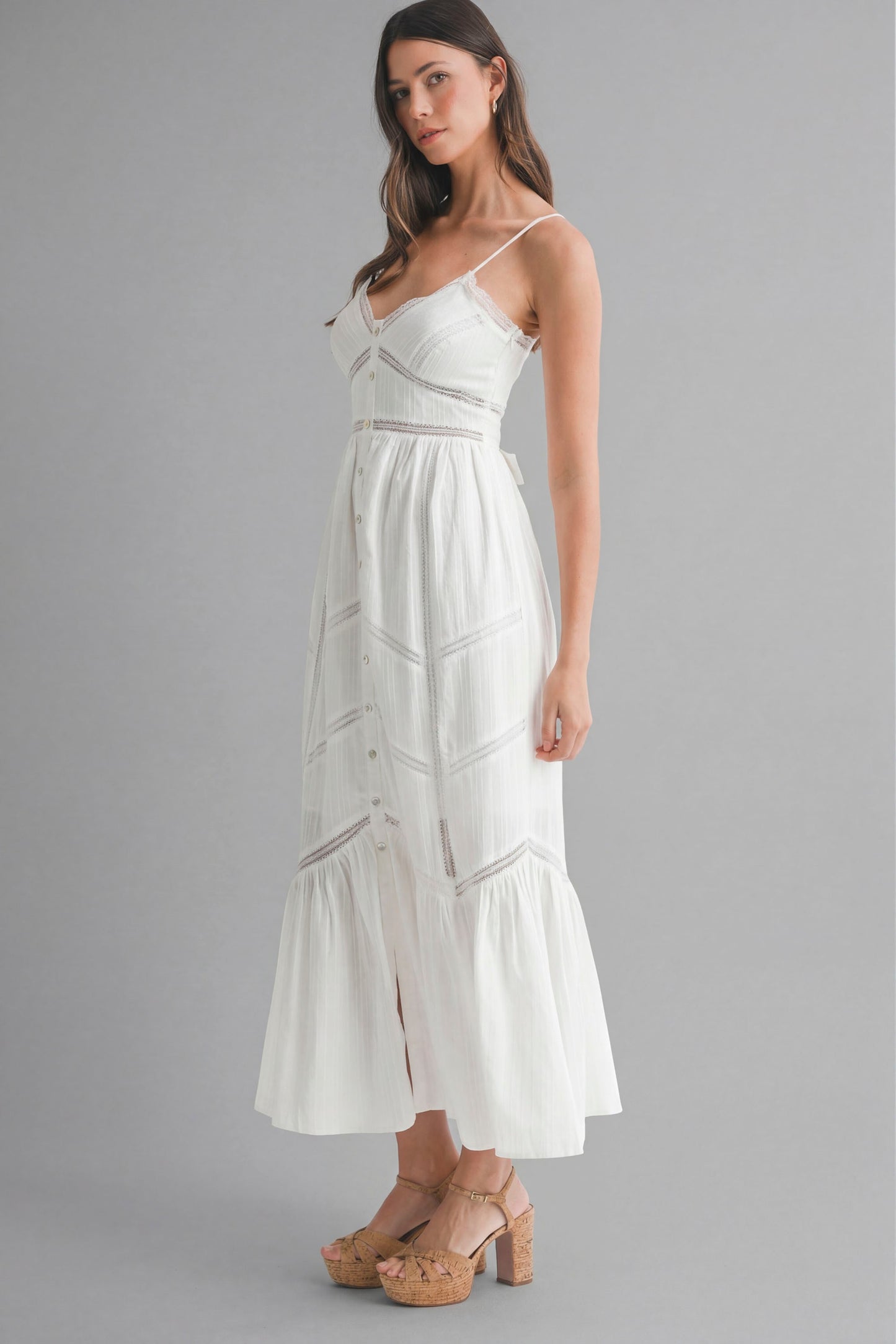 White Lace Trim Midi Dress