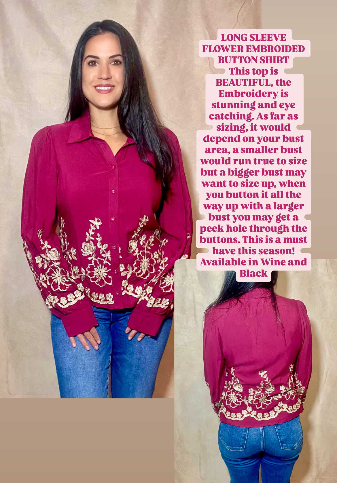 Long Sleeve Flower Embroided Button Shirt - OS