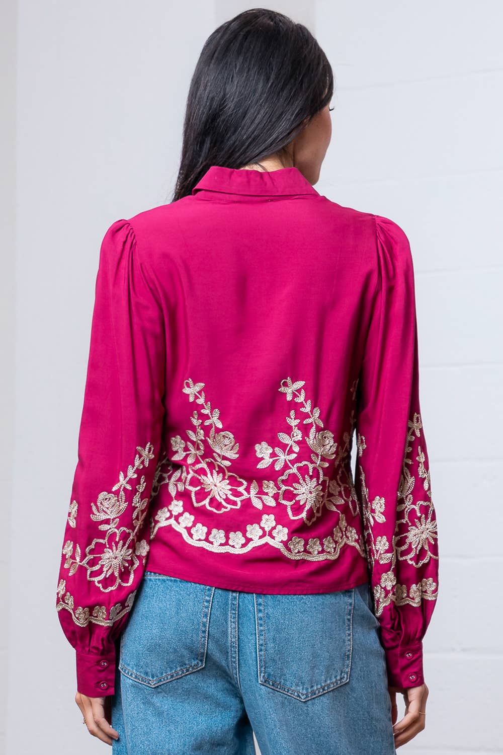 Long Sleeve Flower Embroided Button Shirt