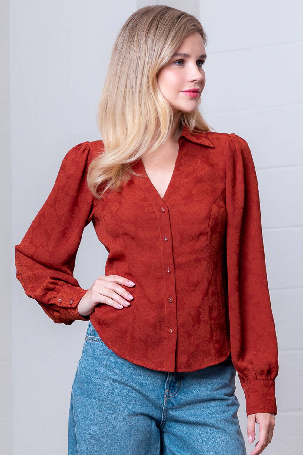 Rust Long Sleeve Button Down Collared Blouse