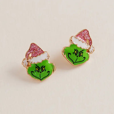 Glitter Christmas Green Monster Face Post Earrings- OS