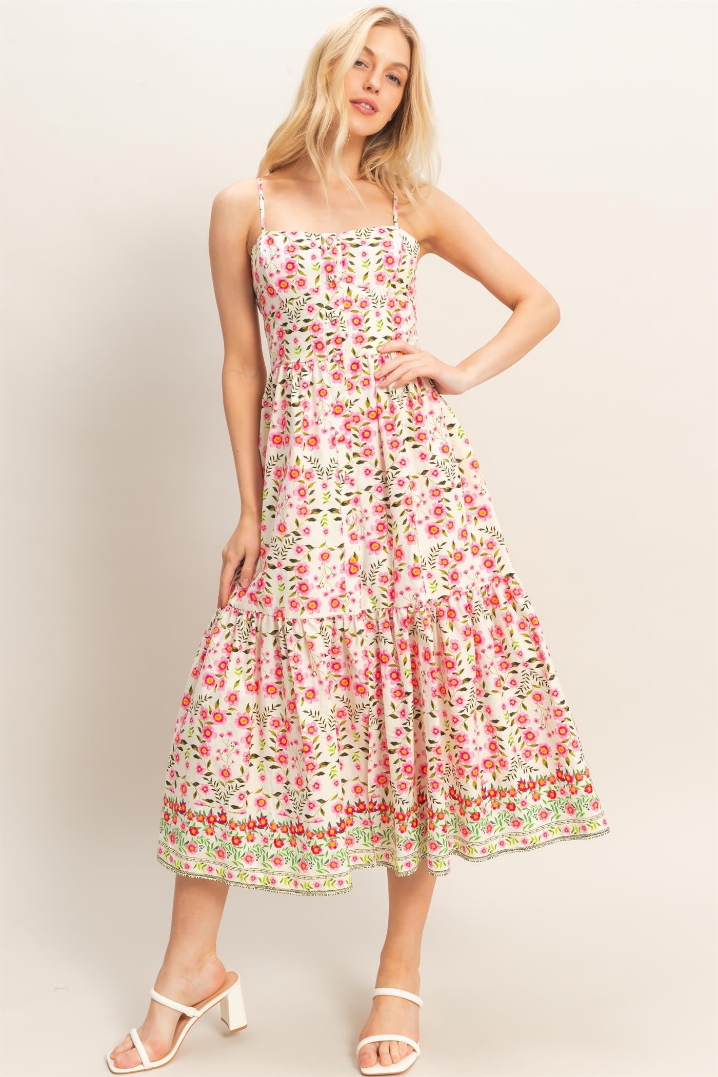 Pink Floral Spaghetti Strap Dress