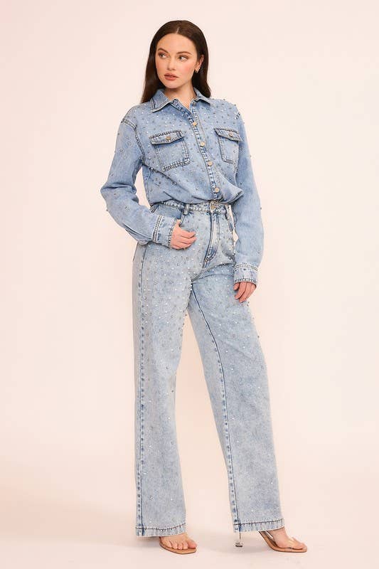 RHINESTONE AND PEARL EMBELLISHED JEAN PANT- OS