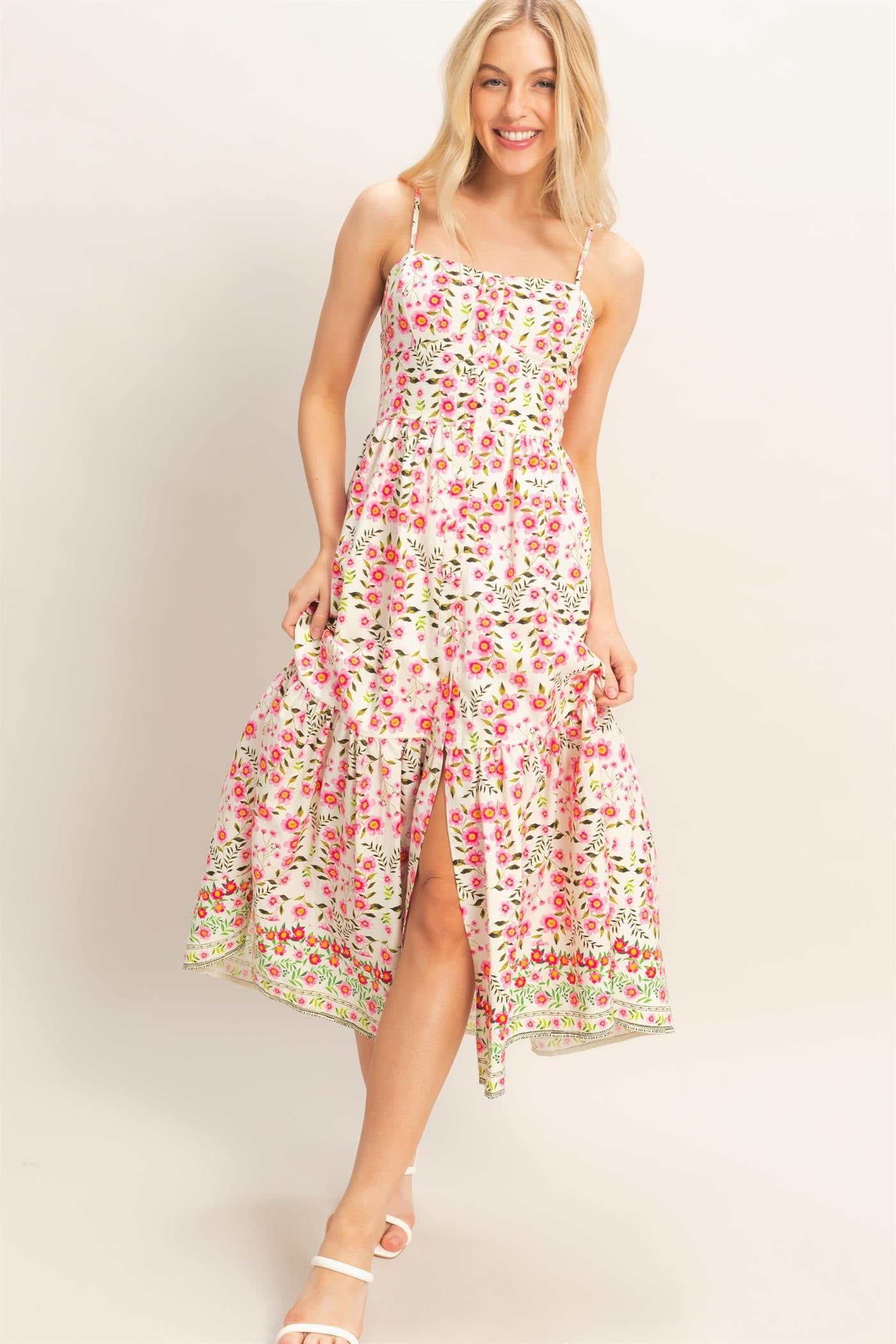 Pink Floral Spaghetti Strap Dress
