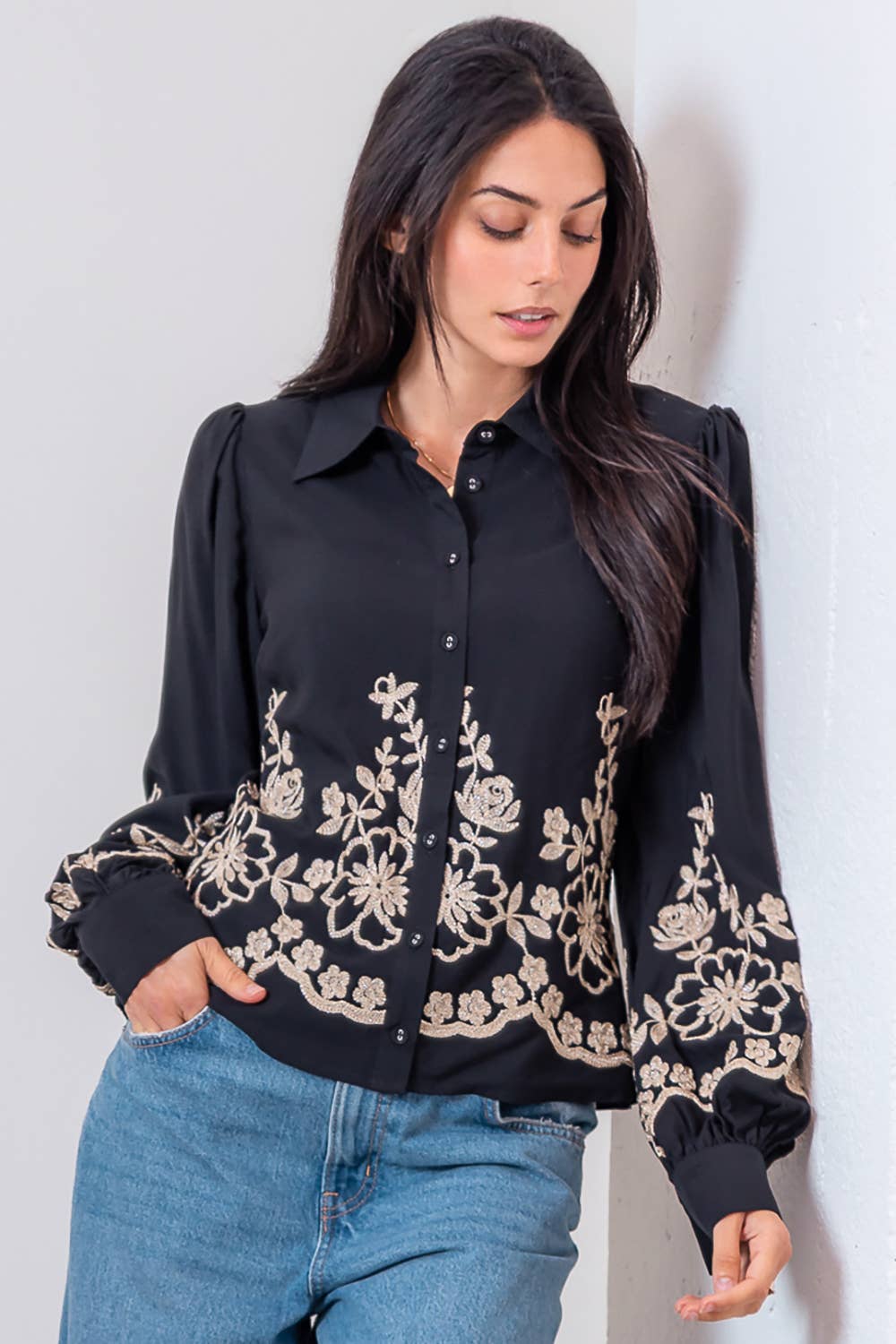 Long Sleeve Flower Embroided Button Shirt