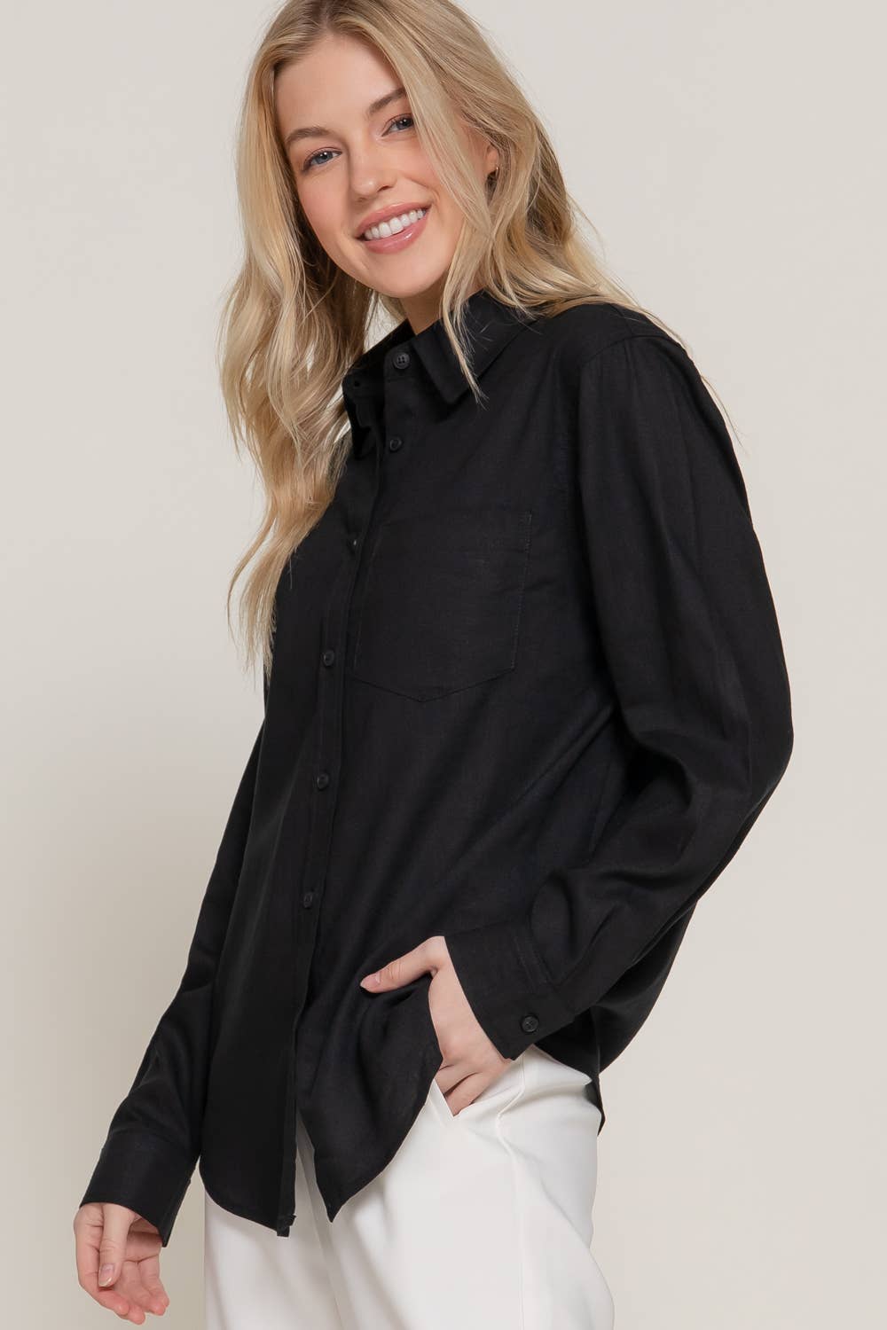 Long Sleeve Linen Blend Shirt- OS