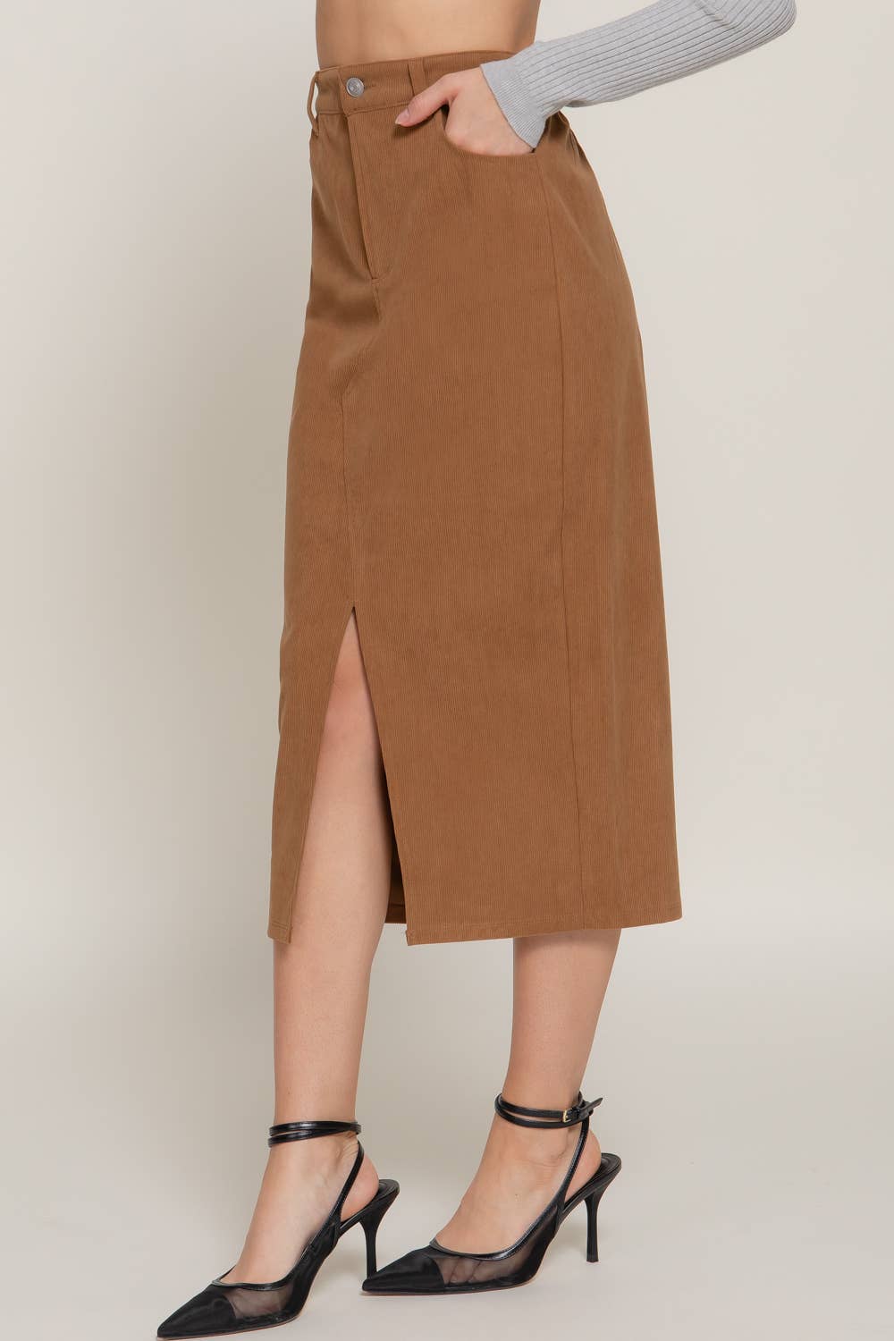 Waist Band Front Open Slit Corduroy Midi Skirt -OS