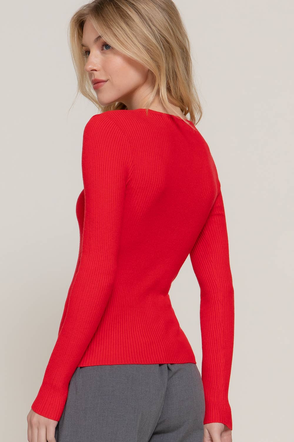 Long Sleeve V-neck Fitted Viscose Rib Sweater Top- OS