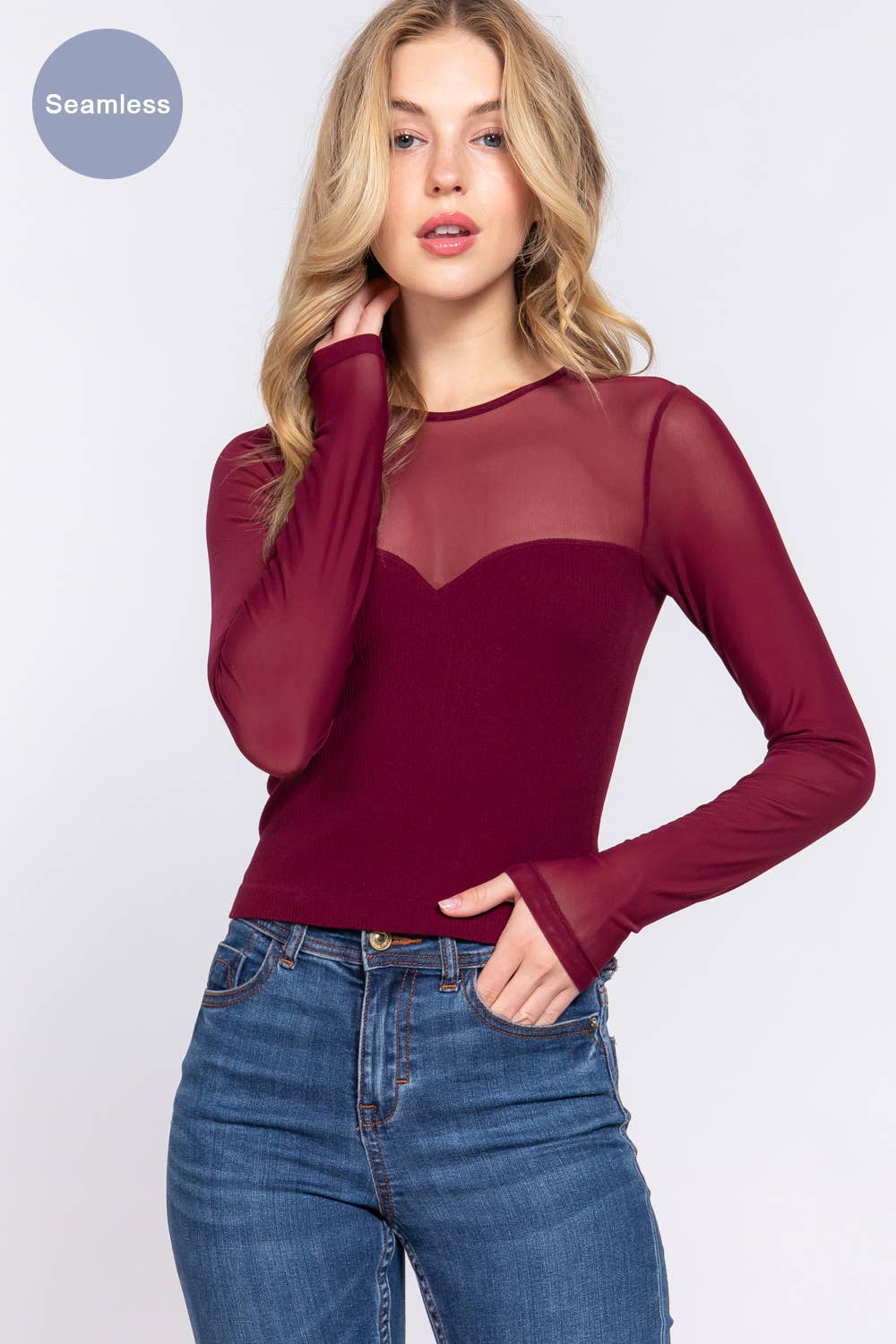 Long Sleeve Seamless Mesh Top- OS
