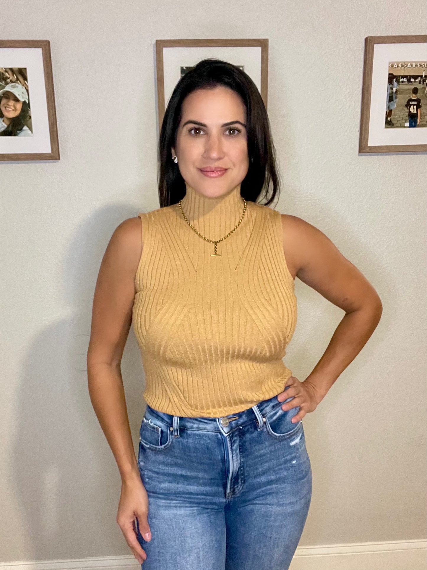 Sleeveless High Neck Rib Top-OS