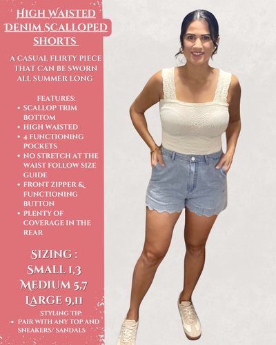 High Waisted Denim Scalloped Shorts