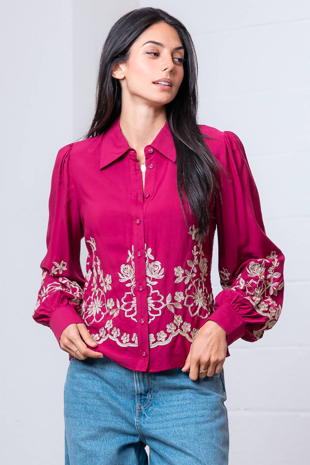 Long Sleeve Flower Embroided Button Shirt