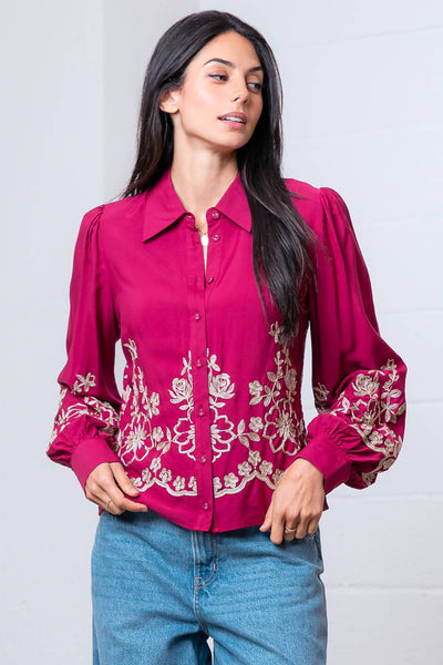 Long Sleeve Flower Embroided Button Shirt - OS