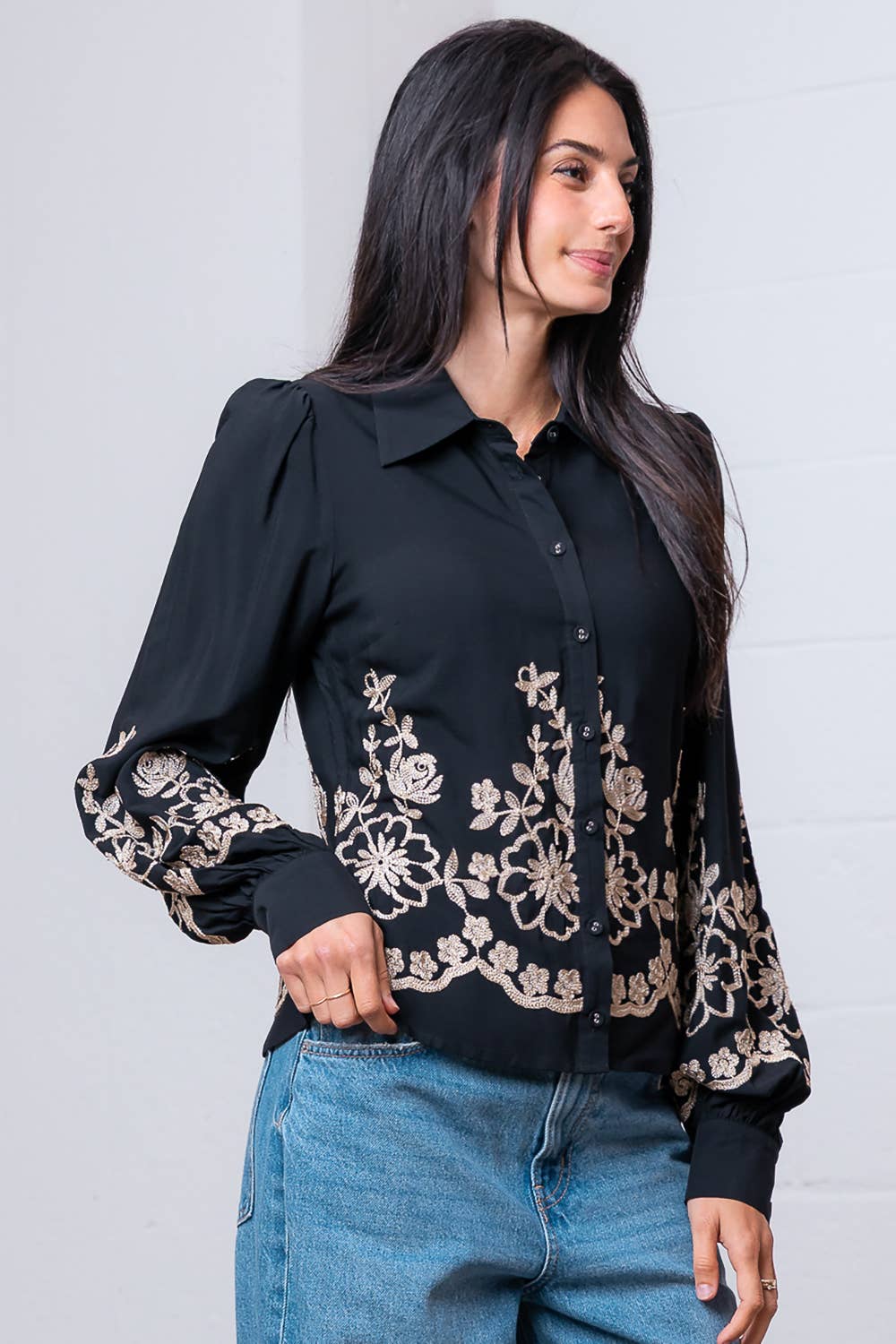 Long Sleeve Flower Embroided Button Shirt